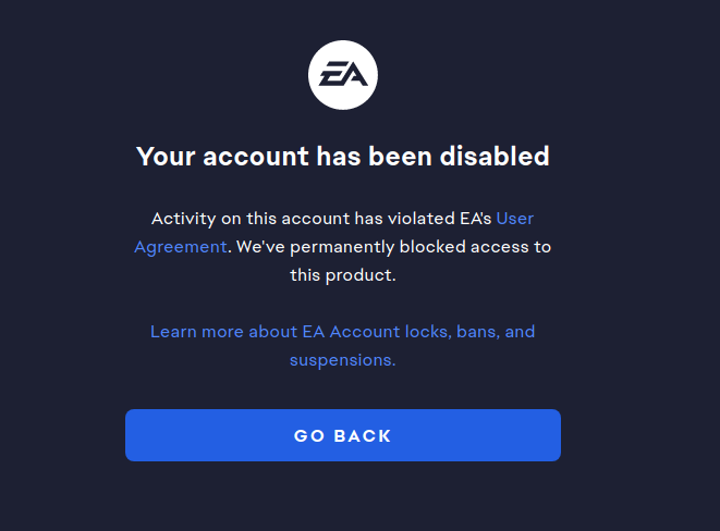 A message from EA about how my account is disabled for not complying with the User Agreement